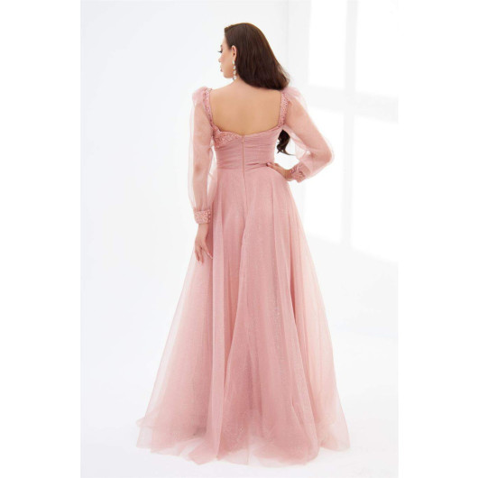 Powder Glitter Tulle Front Embroidered Long Sleeve Engagement Dress