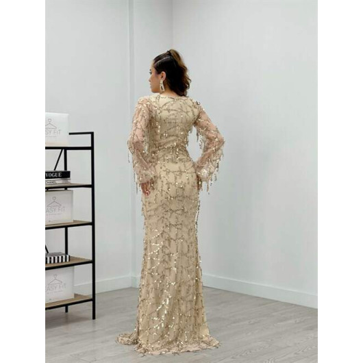 Sequin Fringed Design Dress Gold