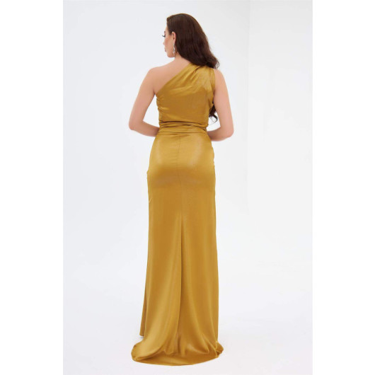 Saffron Foil Single Sleeve Slit Long Evening Dress