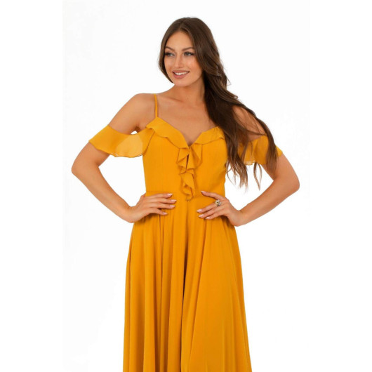 Saffron Chiffon Flounced Long Evening Dress