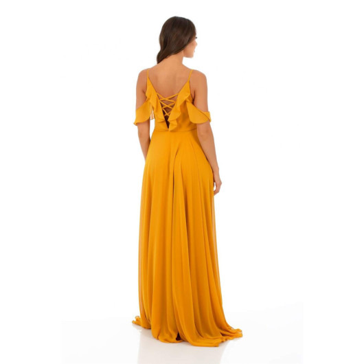 Saffron Chiffon Flounced Long Evening Dress