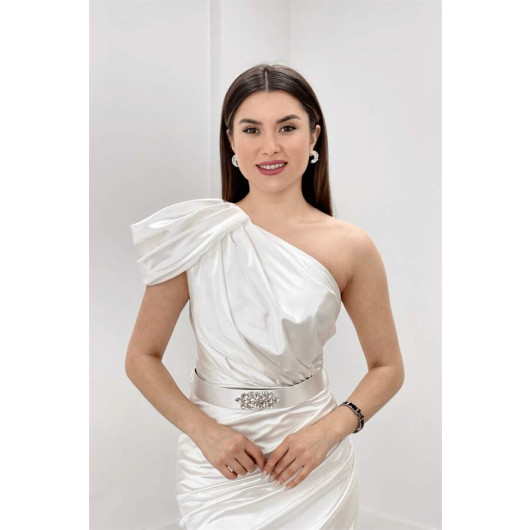 Satin Fabric Single Sleeve Evening Dress White