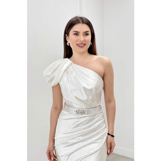 Satin Fabric Single Sleeve Evening Dress White