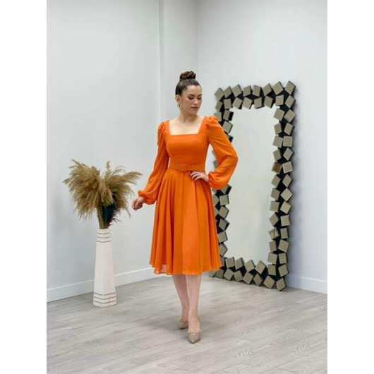 Chiffon Crepe Fabric Square Neck Midi Dress Orange