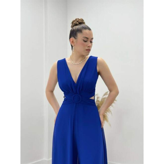 Chiffon Crepe Fabric Jumpsuit Dress Saks Blue