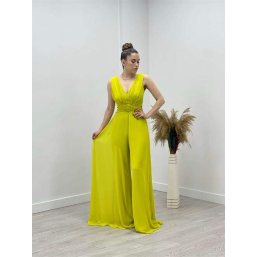 Chiffon Crepe Fabric Jumpsuit Dress Yellow