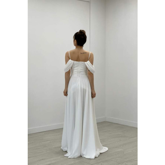 Chiffon Fabric Strap Flounce Detailed Evening Dress - White