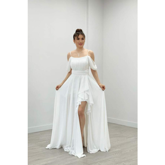 Chiffon Fabric Strap Flounce Detailed Evening Dress - White