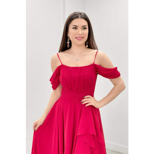 Chiffon Fabric Strap Flounce Detailed Evening Dress - Red