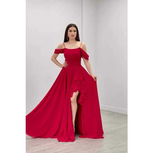 فستان سهرة نسائي بحمالات احمر