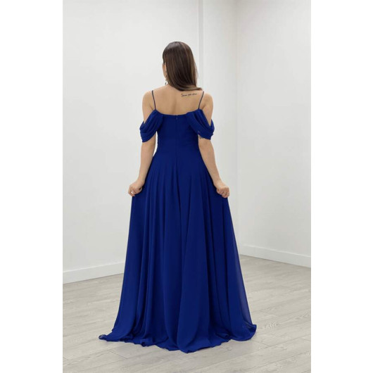 Chiffon Fabric Strap Flounce Detailed Evening Dress Saks Blue
