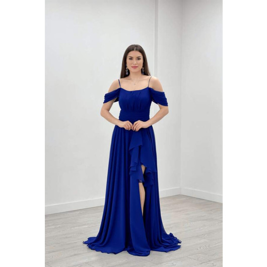 Chiffon Fabric Strap Flounce Detailed Evening Dress Saks Blue
