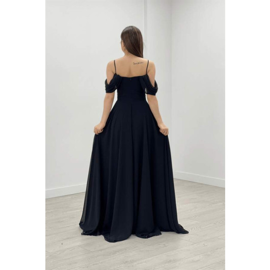 Chiffon Fabric Strap Flounce Detailed Evening Dress Black
