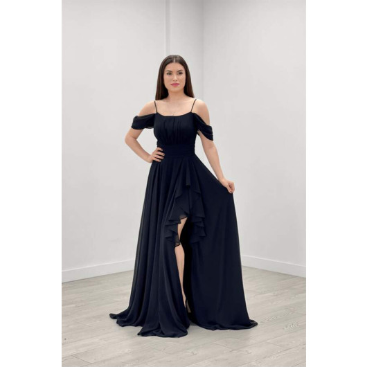 Chiffon Fabric Strap Flounce Detailed Evening Dress Black