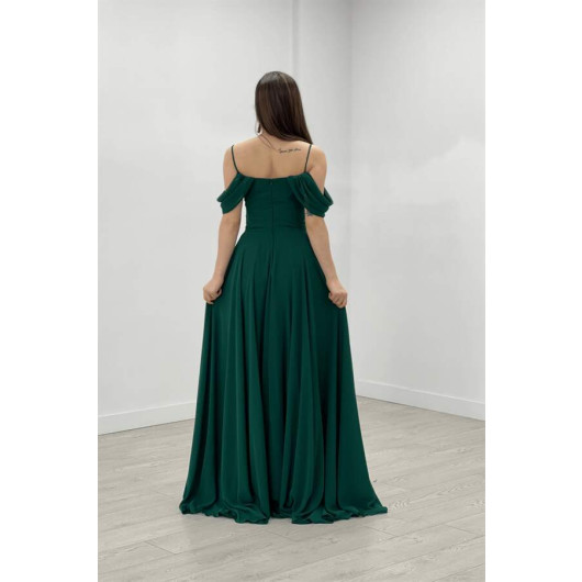 Chiffon Fabric Strap Flounce Detailed Evening Dress Emerald Green