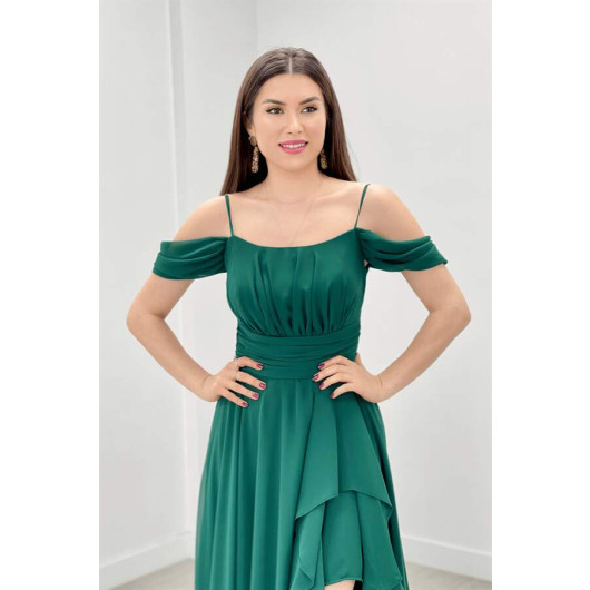 Chiffon Fabric Strap Flounce Detailed Evening Dress Emerald Green