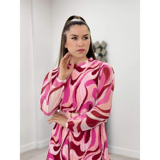 Chiffon Fabric Pleated Dress Pink