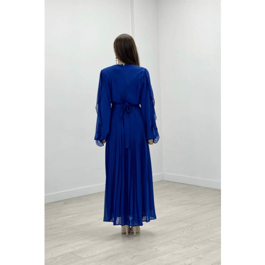 Chiffon Fabric Flounce Pleat Detailed Evening Dress Saks Blue