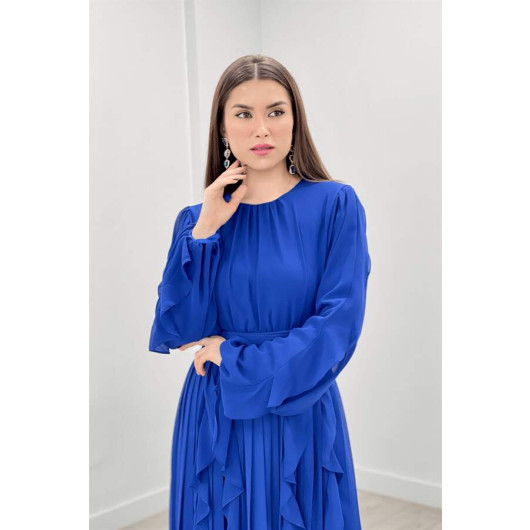 Chiffon Fabric Flounce Pleat Detailed Evening Dress Saks Blue