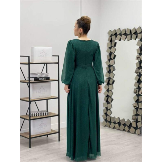 Lurex Tulle Fabric Belted Kilos Dress Emerald Green