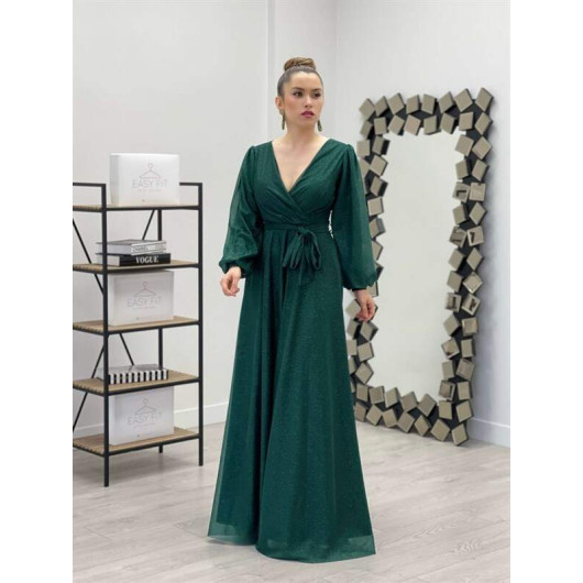 Lurex Tulle Fabric Belted Kilos Dress Emerald Green