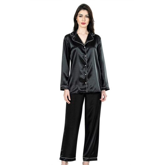 Black Double Satin Nightgown Pajama Set