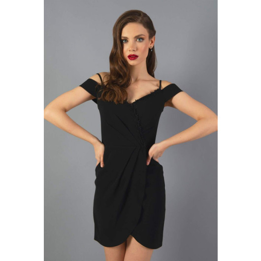 Black Crepe Strap Double Breasted Short Evening Dress