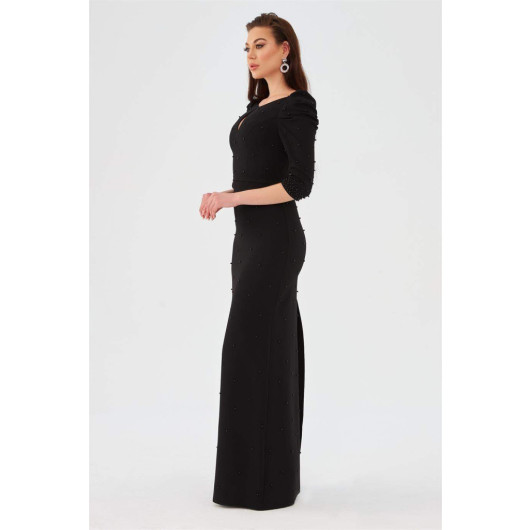 Black Crepe Pearl Embroidered Long Evening Dress