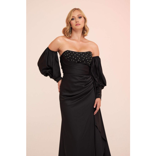 Black Satin Front Embroidered Balloon Sleeve Long Evening Dress