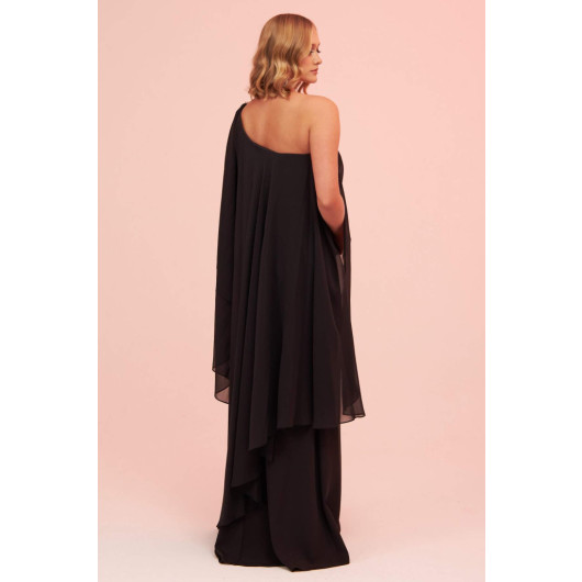 Black Single Sleeve Slit Plus Size Chiffon Evening Dress