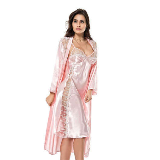 Salmon Long Double Satin Dressing Gown Nightgown Set