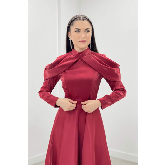 Taffeta Satin Fabric Shoulder Detailed Evening Dress Red