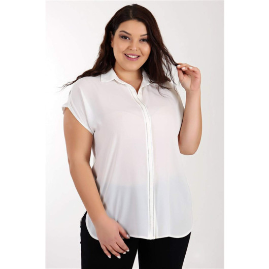 Stone Embroidered Low Sleeve White Plus Size Shirt