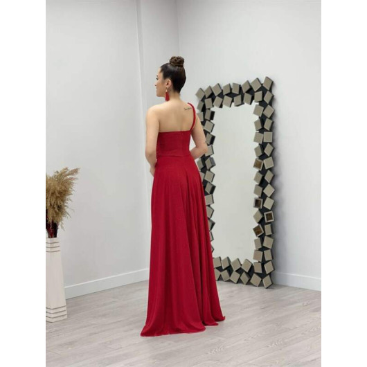 One Shoulder Glitter Tulle Dress Red