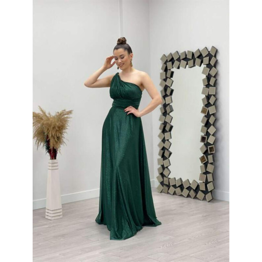 One Shoulder Glittering Tulle Dress Emerald Green