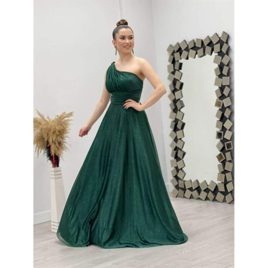 One Shoulder Glittering Tulle Dress Emerald Green