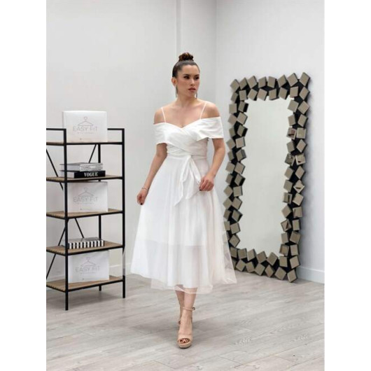 Tulle Fabric Strap Midi Dress White