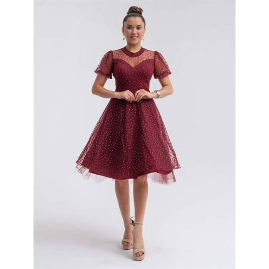 Tulle Fabric Star Pattern Midi Dress Claret Red