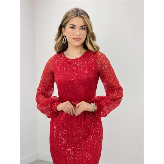 فستان نسائي من التول مزين الترتر احمر