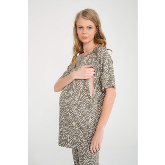 Green Patterned Maternity T Shirt With Breastfeeding Features