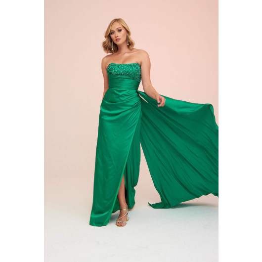 Green Satin Front Embroidered Balloon Sleeve Long Evening Dress