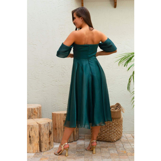 Emerald Low Sleeve Organza Engagement Evening Dress