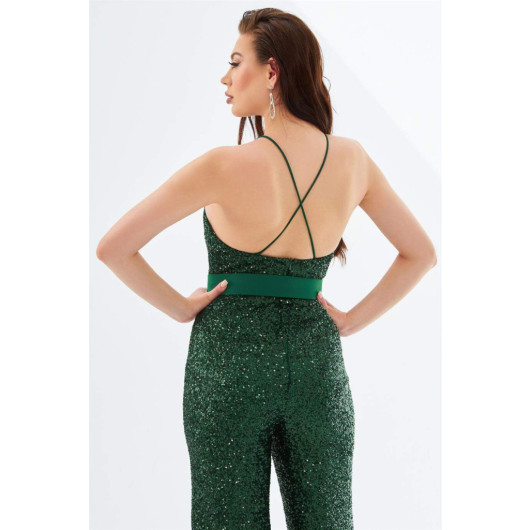 Emerald Sequined Belted Long Jumpsuit