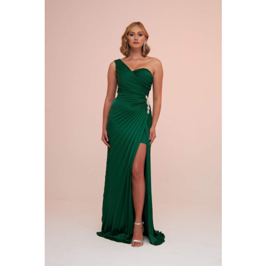 Emerald Plisoley Single Sleeve Stone Slit Long Evening Dress
