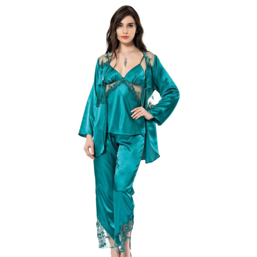 Emerald Triple Satin Dressing Gown Nightgown Pajama Set