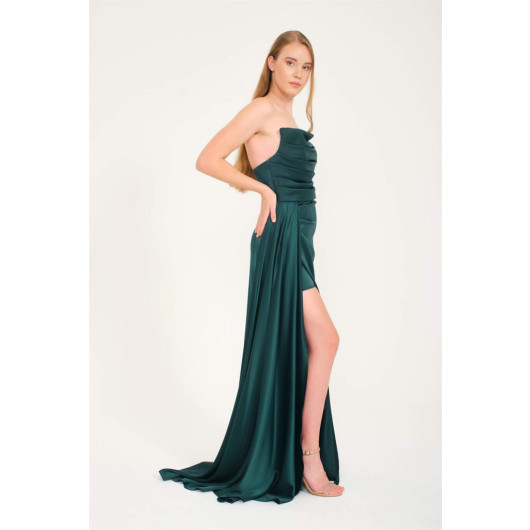 Emerald Slit Satin Evening Cat Ear Dress