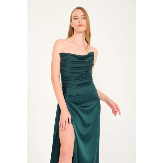 Emerald Slit Satin Evening Cat Ear Dress