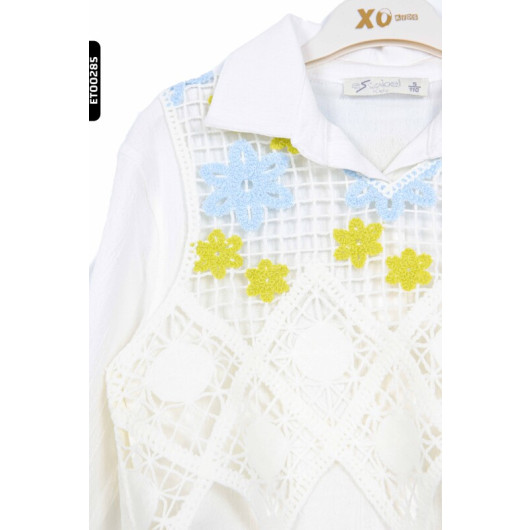 Openwork Polo Collar Buttoned Girls Shirt Age 5, 14