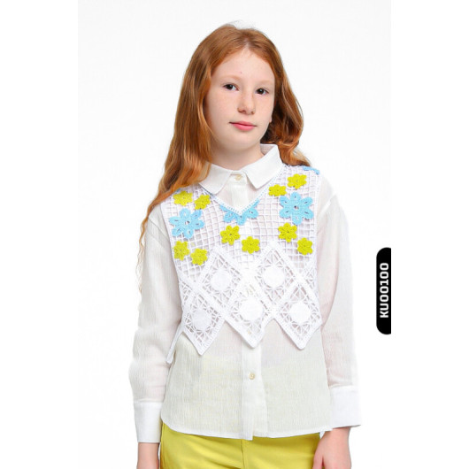 Openwork Polo Collar Buttoned Girls Shirt Age 5, 14