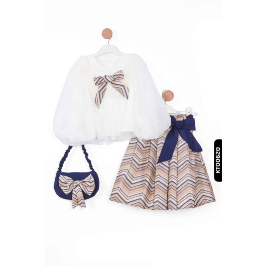 Gathered Sleeve Zigzag Skirt Girl Skirt Set Handbag 6, 14 Years